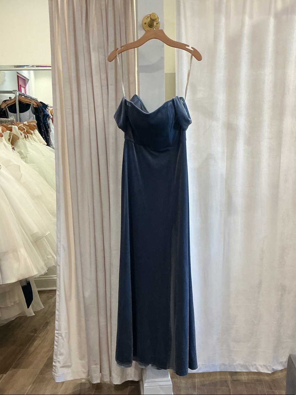 Navy Velvet Off-Shoulder Slip Dress